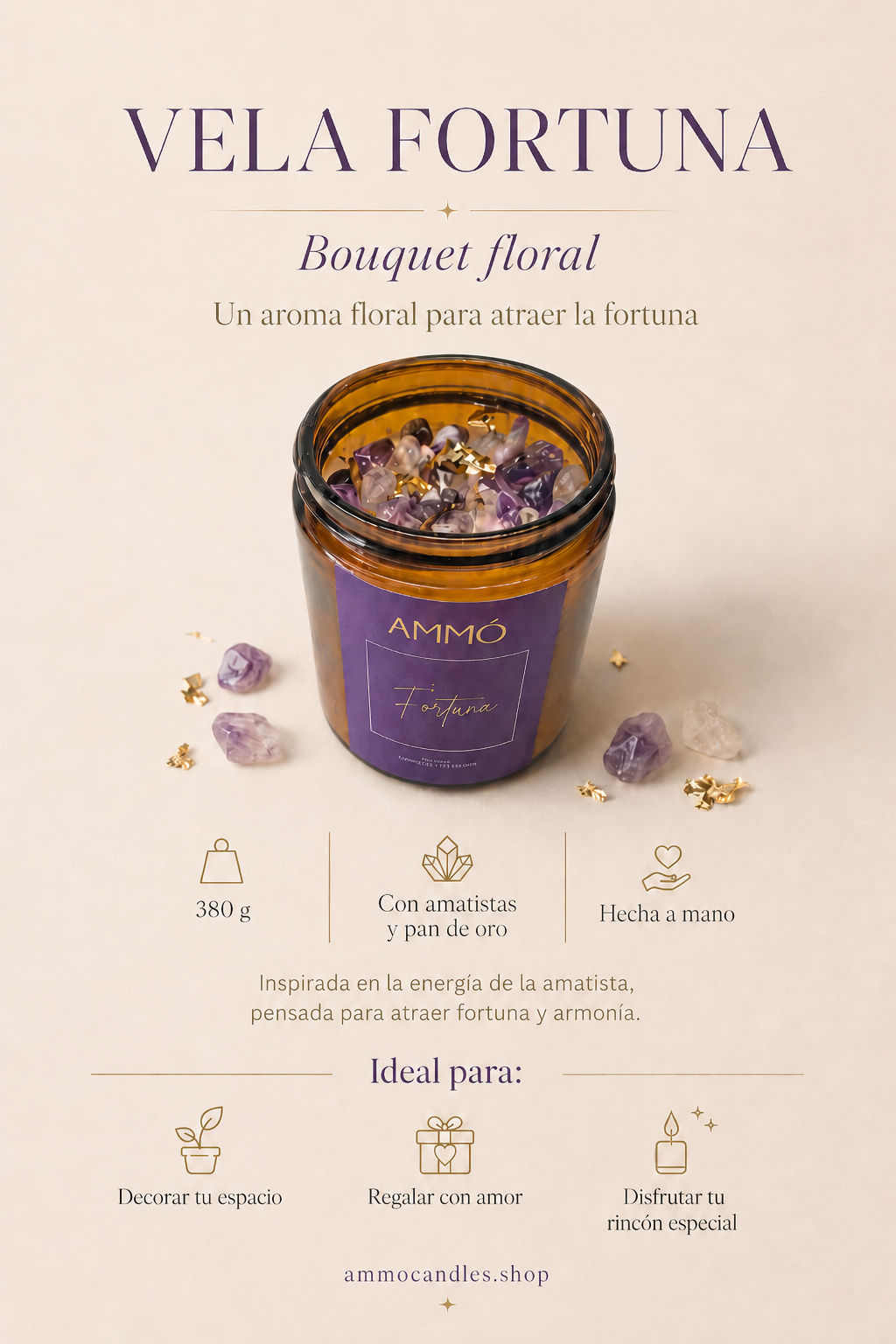Kit Velas Energía AMMO · Amor, Fortuna, Purifica y Salud | 1520G